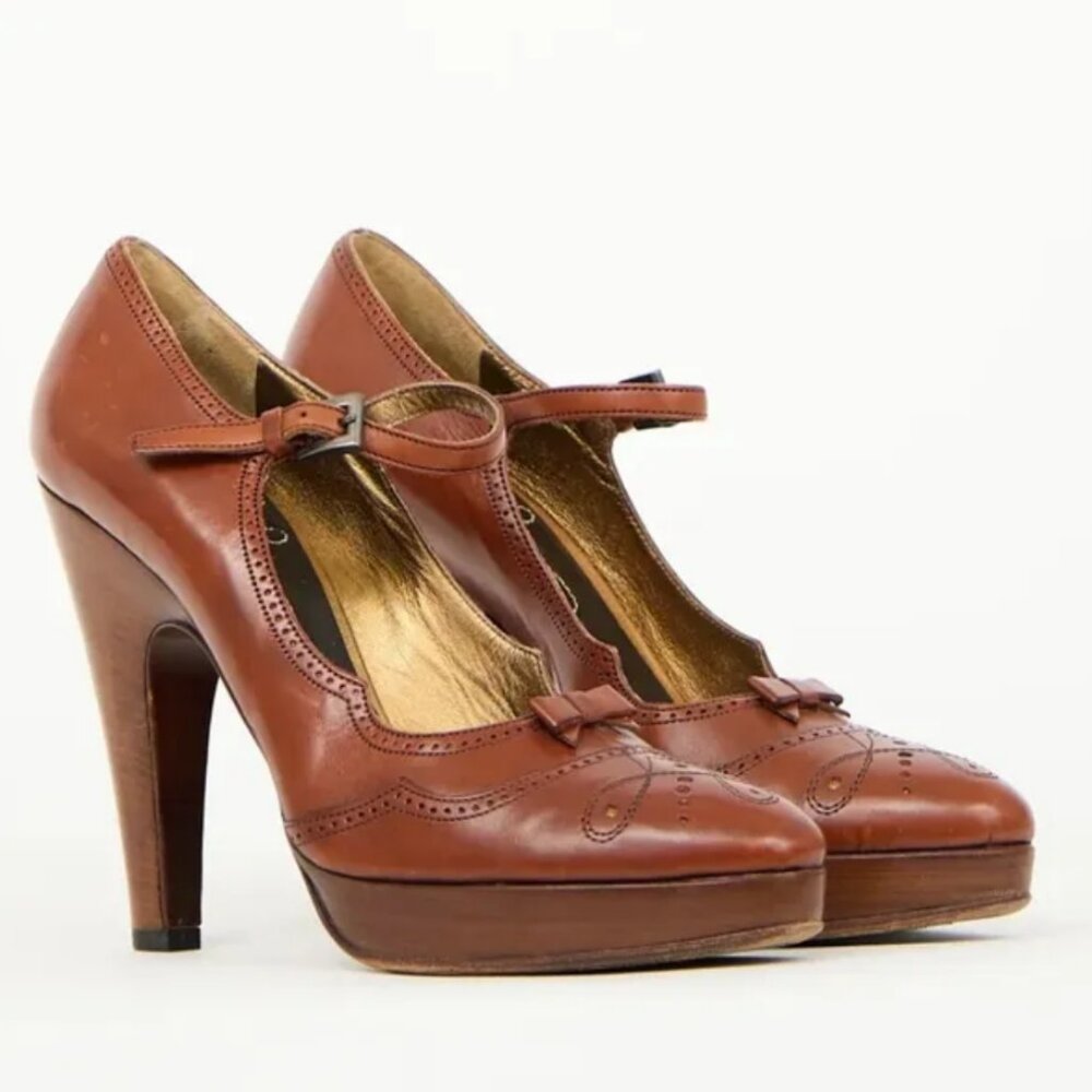 Prada Brown Leather Mary Jane Platform Heels - Picture 4 of 4